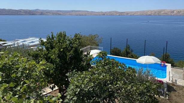 Piscina com um elemento aquático azul, rodeada por vegetação e com vista para uma grande extensão de água.