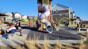 Un parque infantil con un tobogán y estructuras de escalada, rodeado de viviendas.