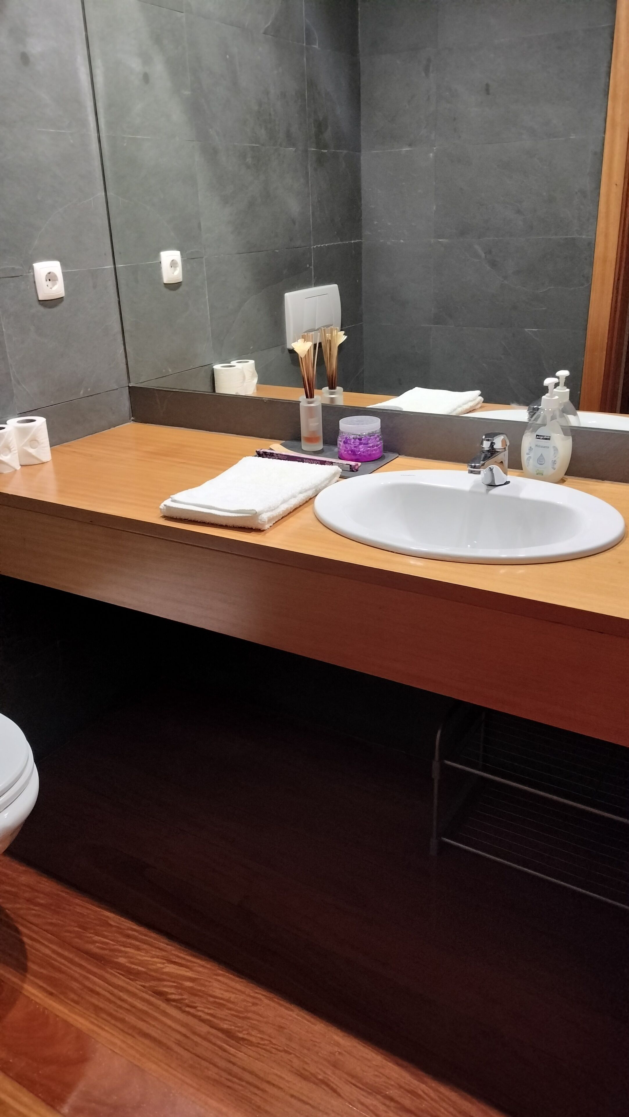 Hair dryer, towels, soap, shampoo