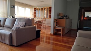 Smart TV, fireplace, books