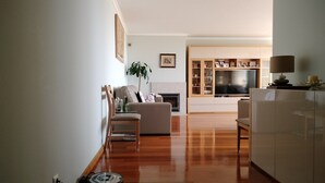 Ein modernes Wohnzimmer mit Kamin, Fernseher und Bücherregal.