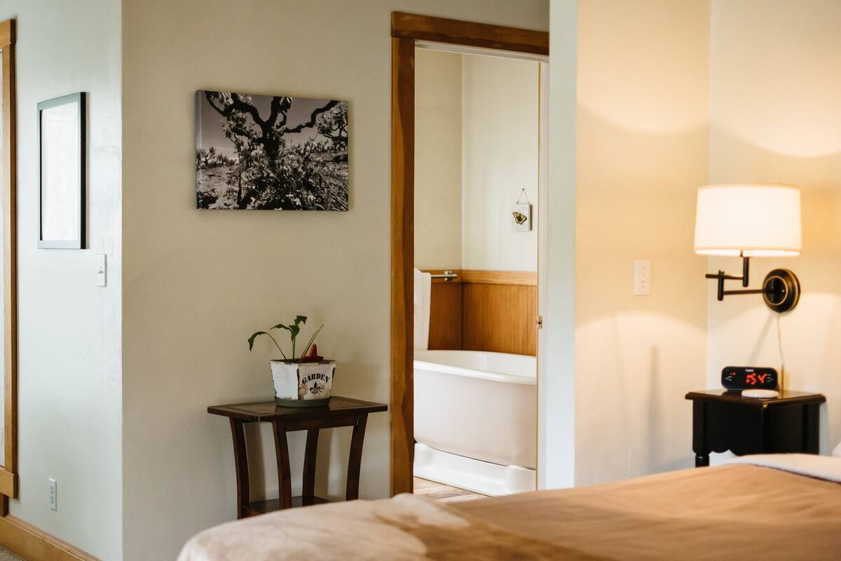 A hotel room with a bed, a bedside table with a lamp, a small table with a potted plant, a framed picture on the wall, and a mirror reflecting the bathroom.