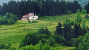 A house with a red roof in a green valley surrounded by trees and hills. - Tuğra Butik Otel (Savsat)