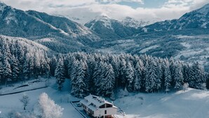 A snow-covered landscape with a modern house surrounded by dense forests and mountains in the background. - Tuğra Butik Otel (Savsat)