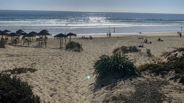 A beach with sun umbrellas and people relaxing. - Pavillon 1ER Etage (Setúbal)