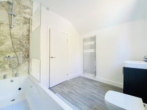 Hair dryer, towels, soap, shampoo