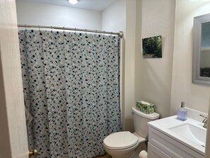 Hair dryer, towels, soap, toilet paper