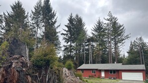 A red building with a garage, surrounded by tall trees and a large rock. - Sasquatch Sanctuary (Crescent City)