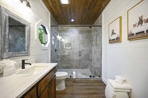 Chuveiro, secador de cabelo, toalhas de banho, sabonete
