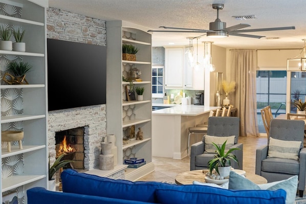 TV, fireplace, video games