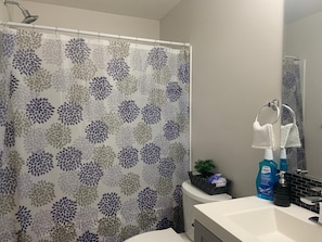 Hair dryer, towels, soap, shampoo