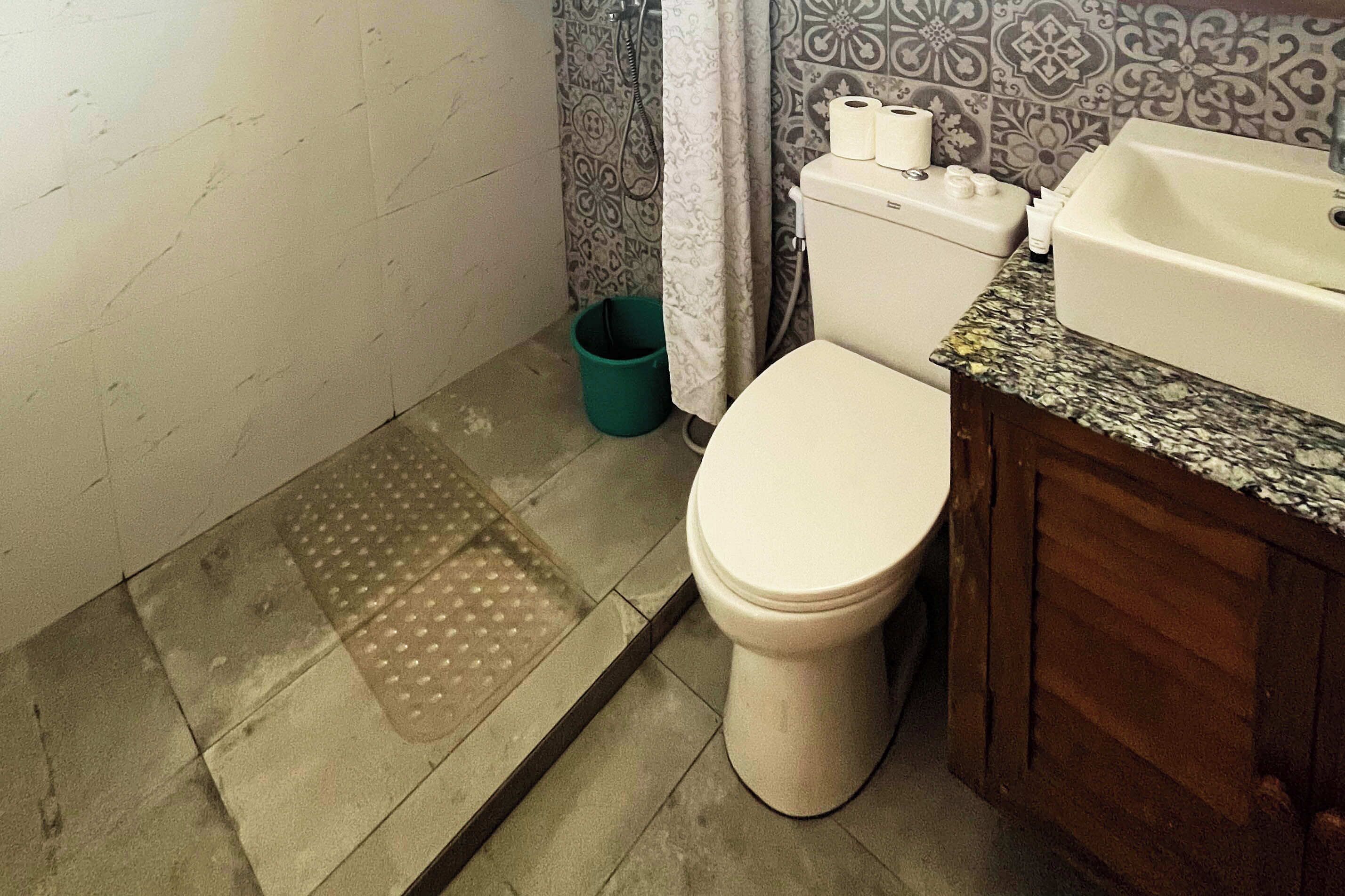 Un baño con inodoro, lavabo y zona de ducha.