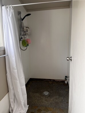 Shower, towels, toilet paper