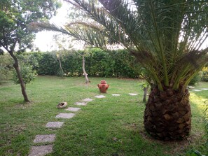 Ein Garten mit einer Palme, einem Zierteich und Pflastersteinen.