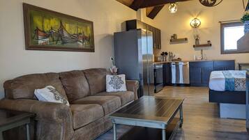 TV, fireplace, books