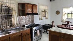 Une cuisine équipée d’une cuisinière à gaz, d’un four, de meubles en bois et d’un plan de travail en marbre.