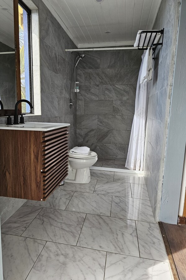 Towels, soap, shampoo, toilet paper
