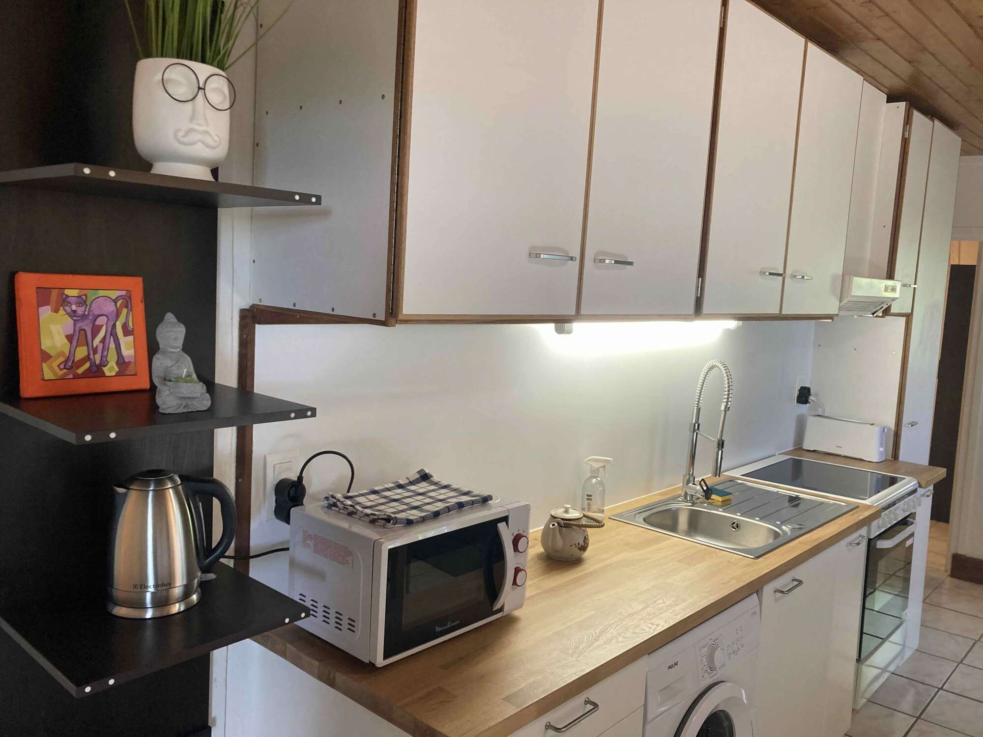 Coffee/tea maker, fridge, microwave, oven