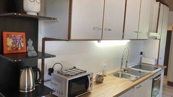 Coffee/tea maker, fridge, microwave, oven