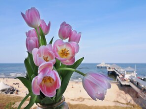 Un bouquet de tulipes roses dans un vase en verre transparent, avec une plage et l’océan en arrière-plan.