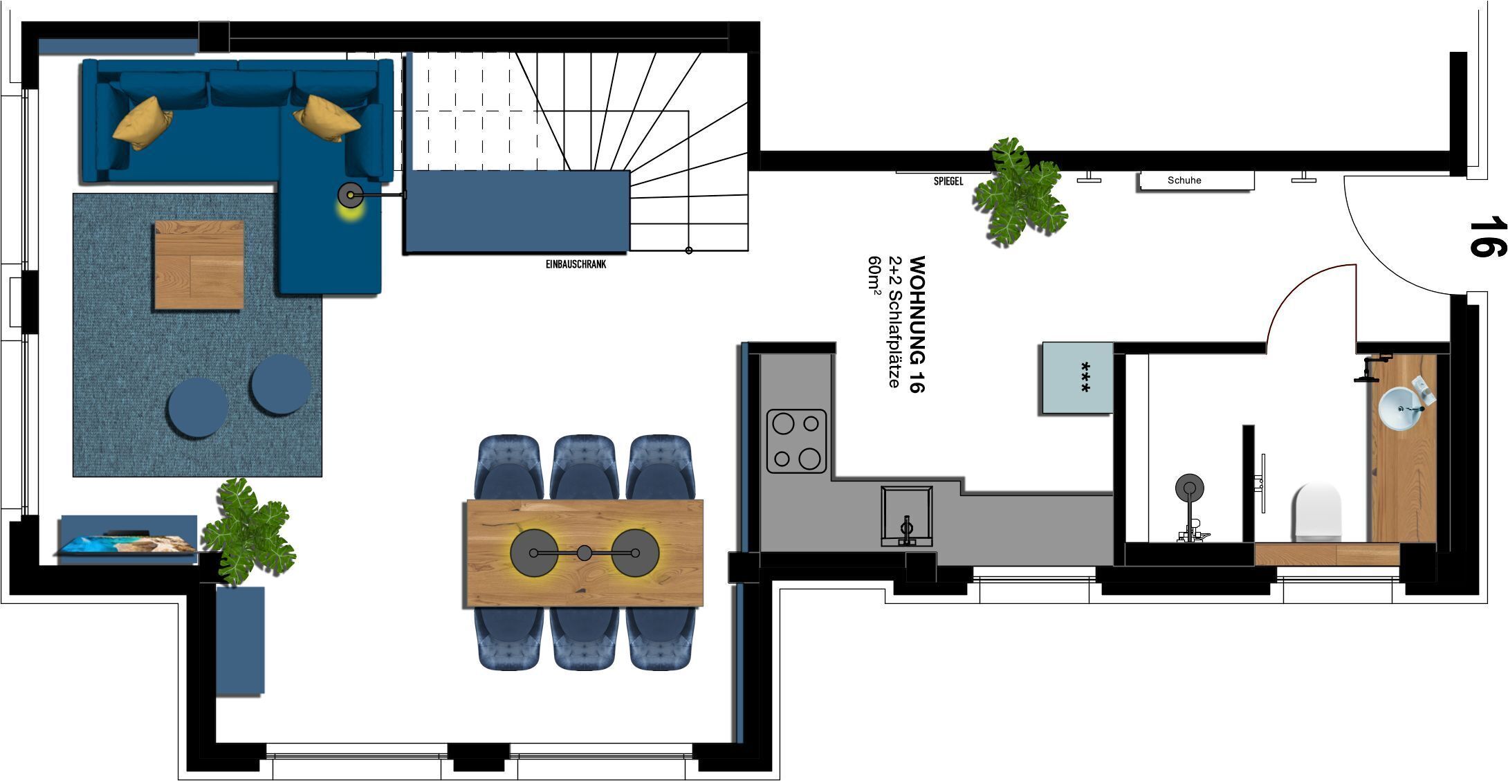 Plan d’étage d’une chambre d’hôtel comprenant un espace de vie, une kitchenette et une salle de bain.