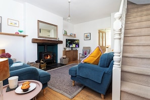 Smart TV, fireplace, books