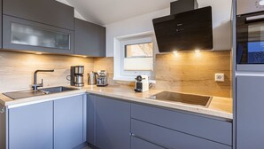 A modern kitchen with grey cabinets, a stainless steel sink, a built-in oven, and a window above the sink. - Lovely apartment for 8 people with WIFI, TV and terrace (Brandstätter)