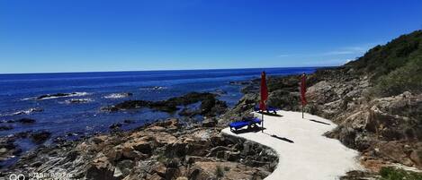 Plage, chaises longues