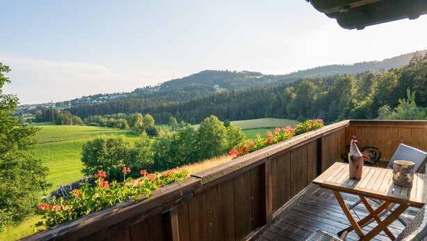 A wooden deck with a table and chairs, overlooking a green landscape with fields and hills.