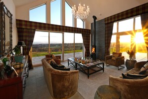 TV, fireplace, books