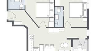 A floor plan of a hotel with a kitchen, dining area, and two bedrooms. - 1213 Vallüla Schima Drosa (Gaschurn)