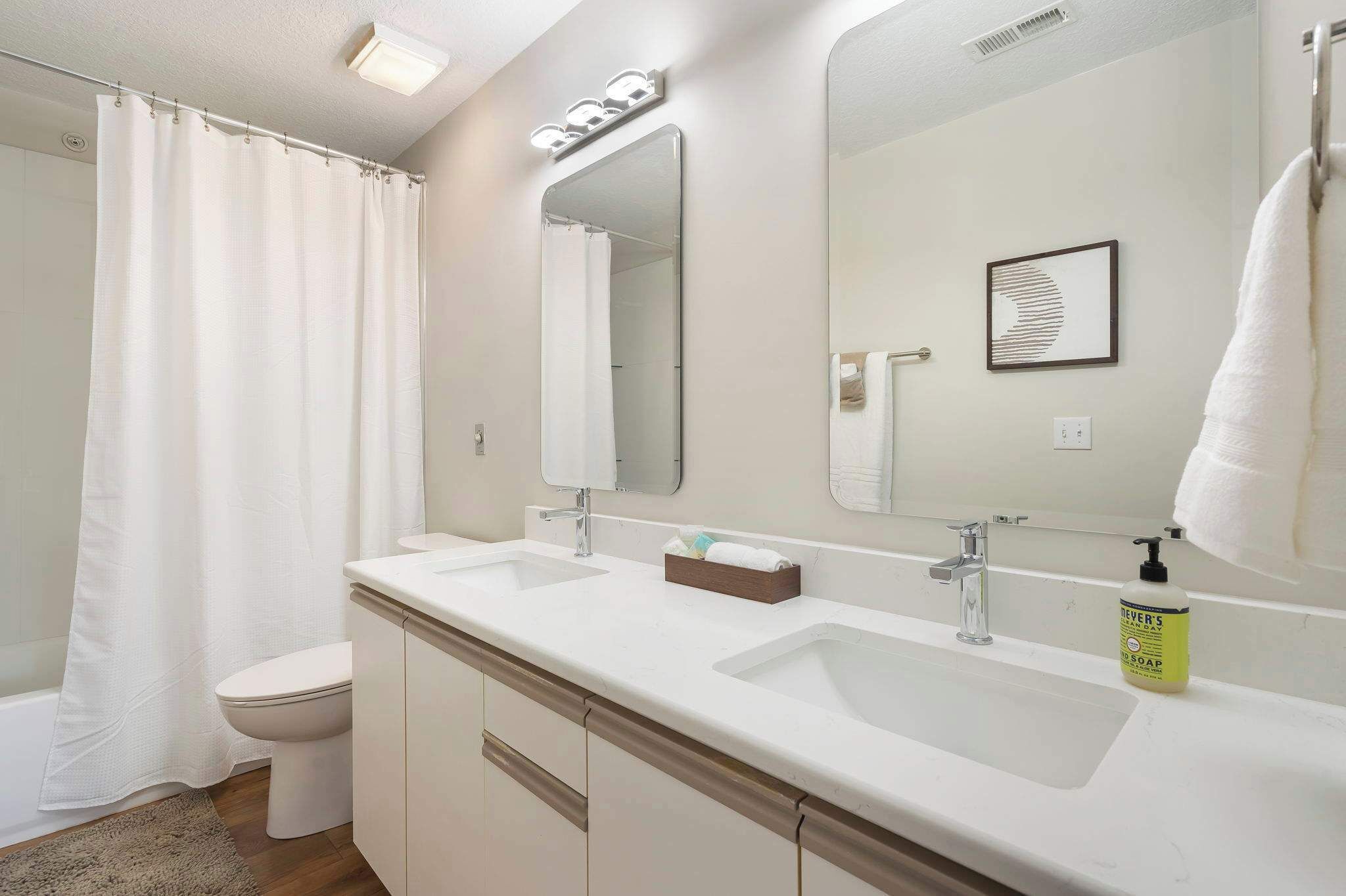 Un baño con cortina de ducha, inodoro, lavabo, espejo y dispensador de jabón.
