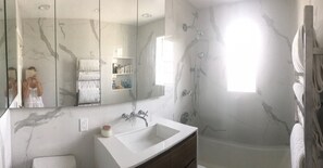 Hair dryer, towels, soap, shampoo