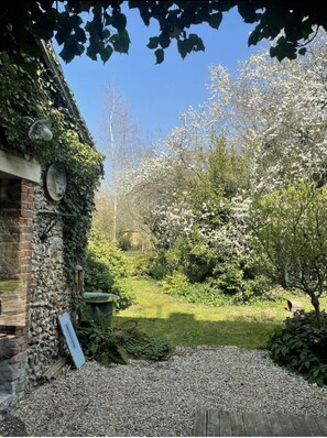 Stroll through the serene garden, surrounded by lush trees and a brick wall adorned with ivy.