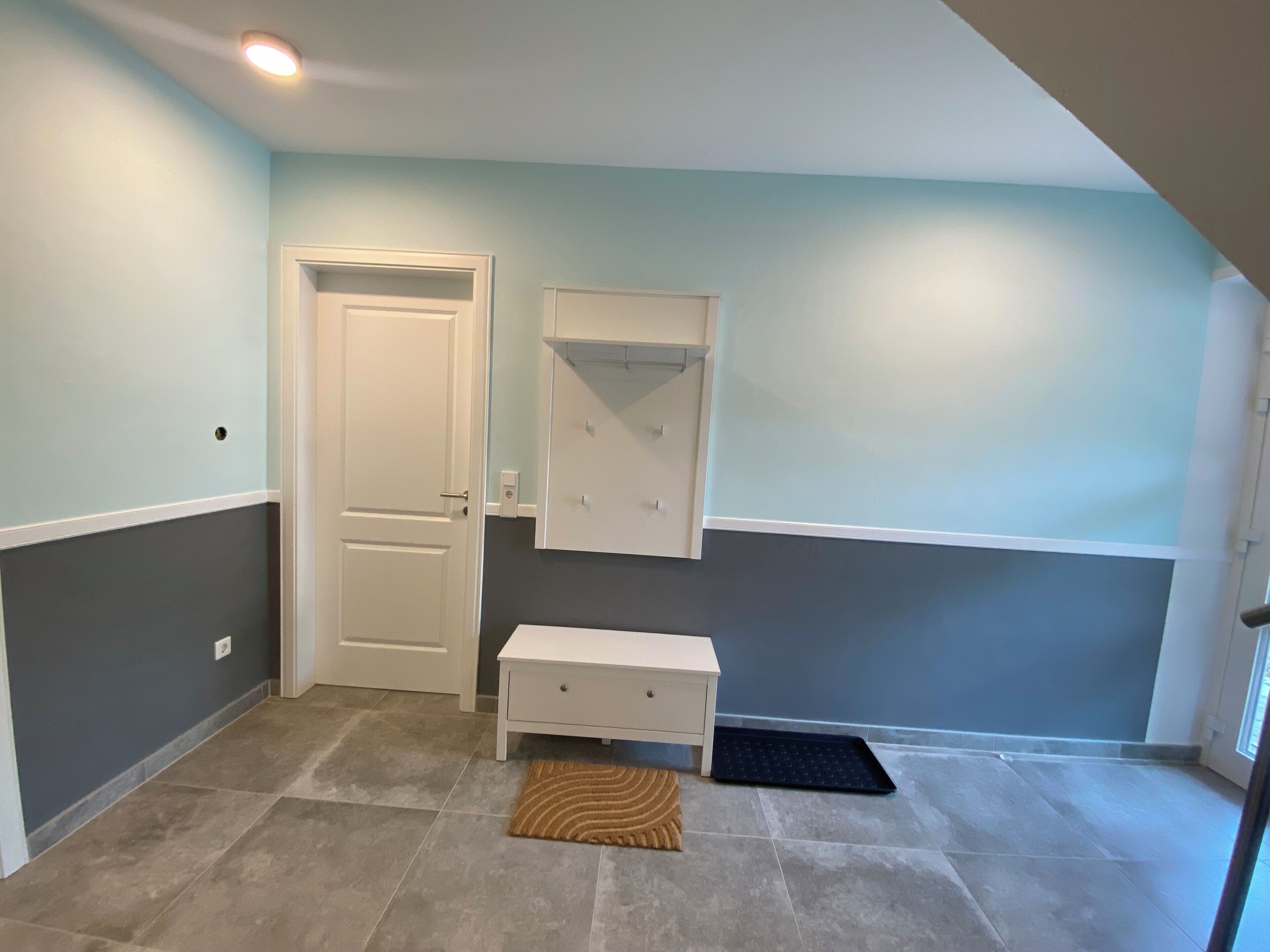 Un couloir avec une porte, une petite armoire blanche, un tapis et un paillasson noir.