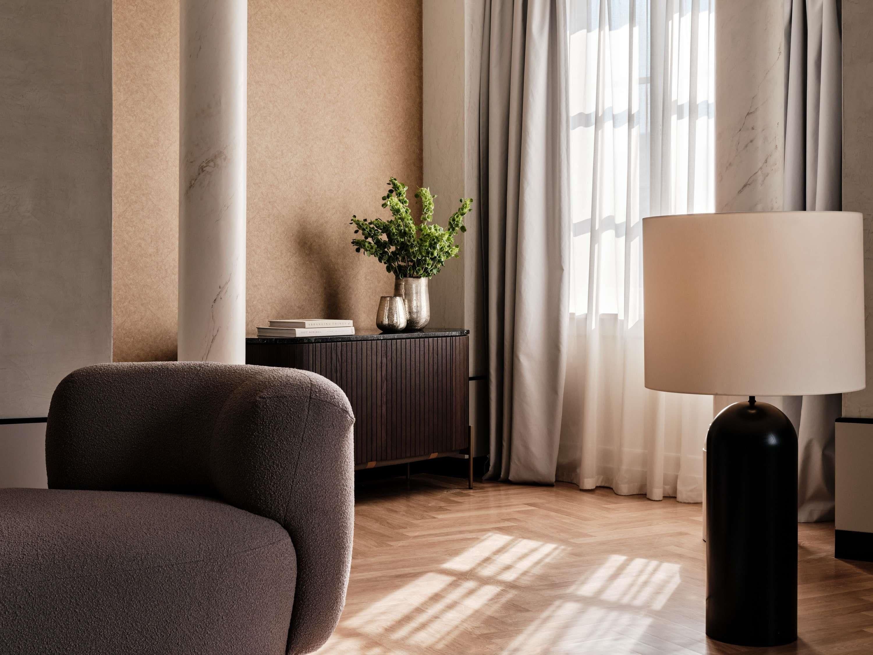 A modern room with a dark sofa, a lamp, a plant, and a bookshelf.
