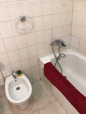 Bidé, håndklær, såpe og sjampo