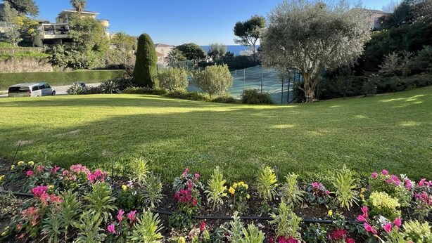 Un jardin bien entretenu, avec un court de tennis, une variété de plantes à fleurs et un ciel d’un bleu éclatant.