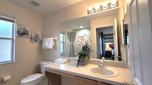 Hair dryer, towels, soap, shampoo