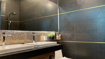 Secadora de cabello, toallas, jabón, shampoo