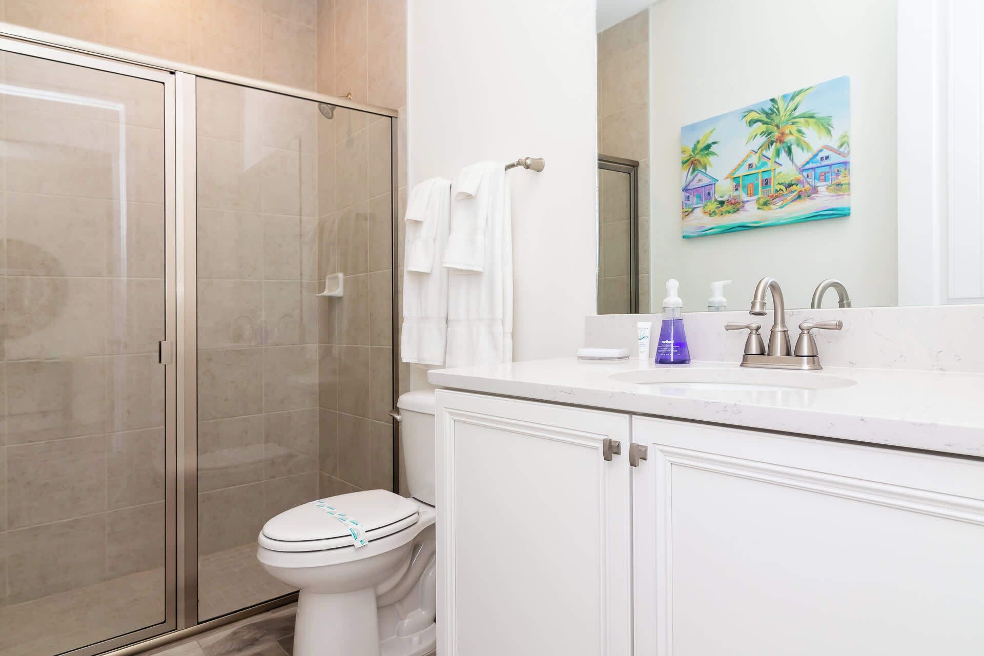 Un bagno con box doccia in vetro, un WC, un lavabo con specchio e un quadro raffigurante una scena tropicale.
