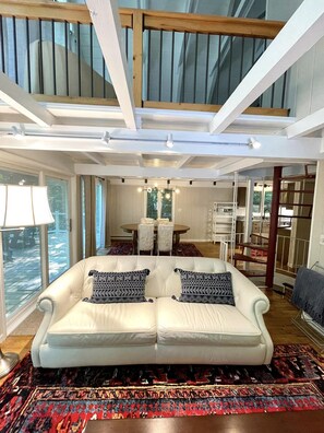 Smart TV, fireplace, books