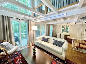 Smart TV, fireplace, books