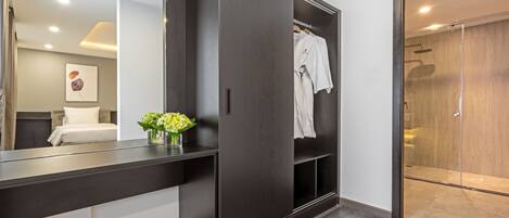 A modern bathroom with a dark wood wardrobe, a vanity with a mirror, and a shower area.