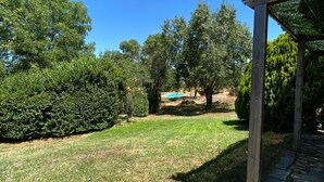 A backyard with a stone pathway, a wooden pergola, and a swimming pool. - Hermosa Finca Rural (Navalmoral de bejar)