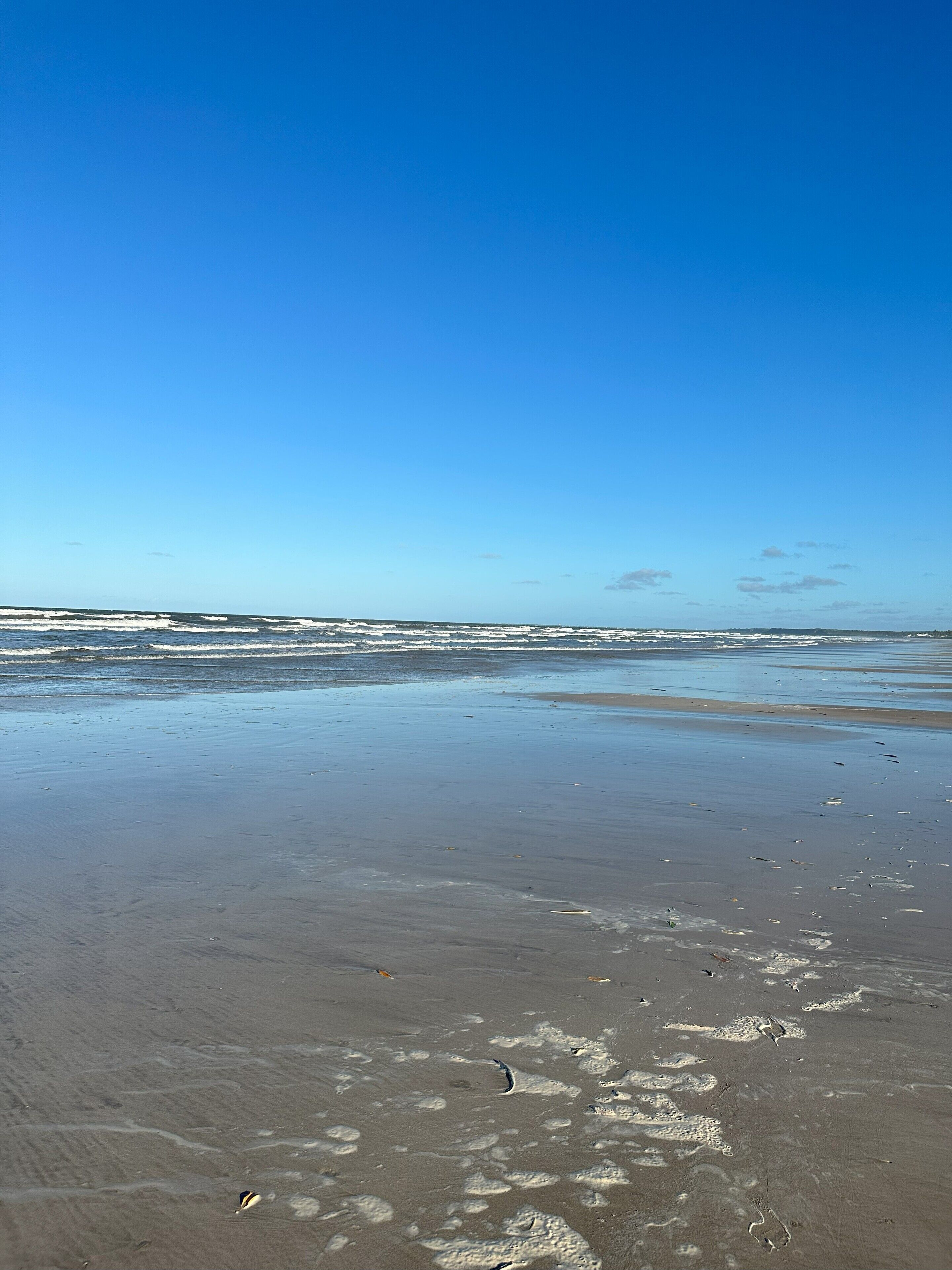 Une plage avec un ciel dégagé et des vagues calmes.