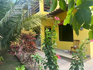 A yellow building with a porch, surrounded by green plants and a palm tree. - Pousada dos Sonhos (Rio Tinto)