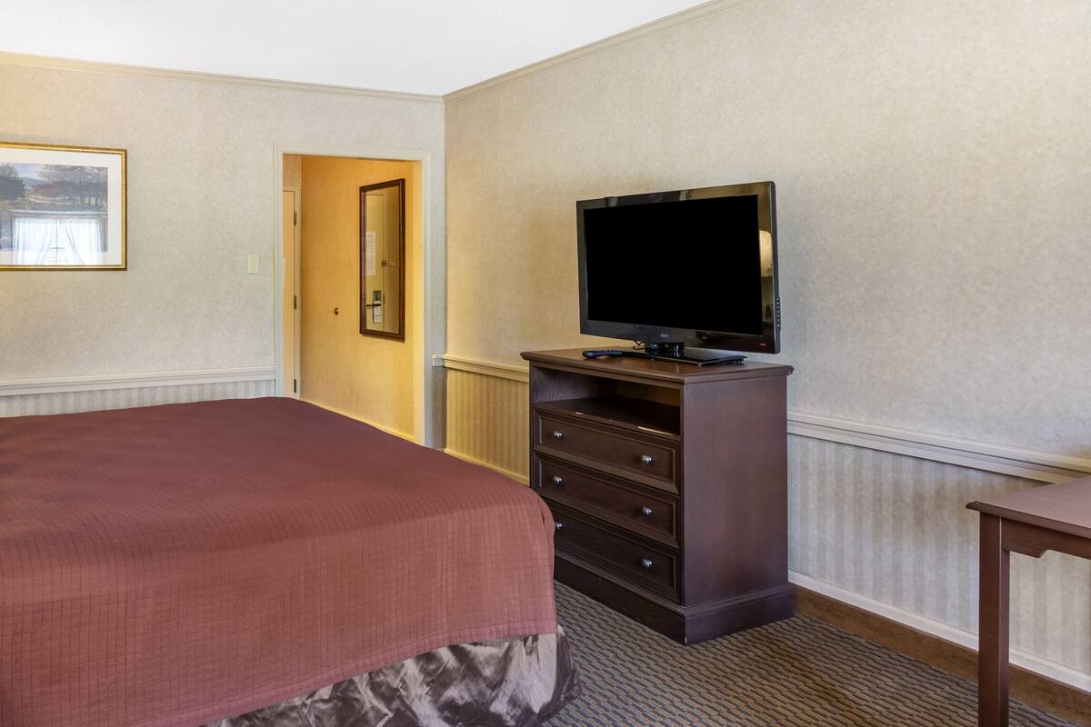 Quarto de hotel com uma cama grande, uma cômoda com gavetas, uma TV de tela plana em cima e um quadro na parede.