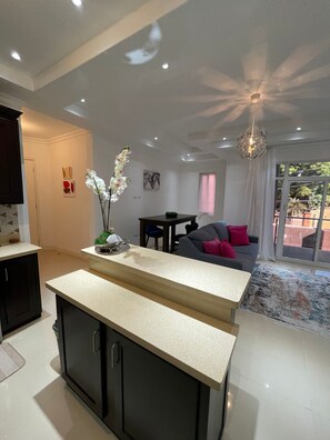 Apartamento luxo | Área de estar | Smart TV 50 polegadas com canais a cabo, TV