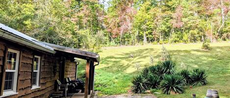 A rustic cabin with a porch, surrounded by a well-maintained lawn and dense trees.